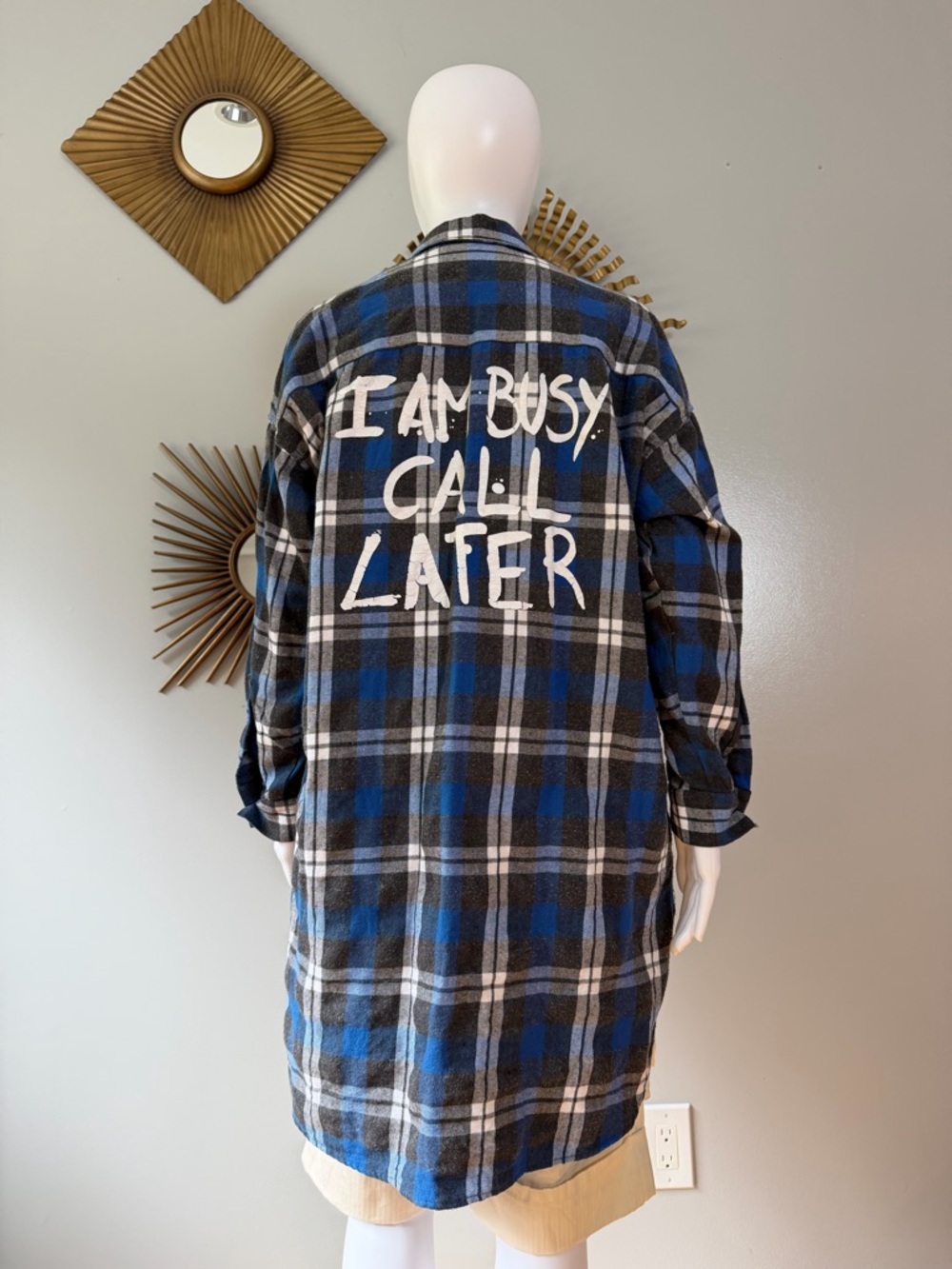 Zara Blue and Black Plaid Tunic with Graphic Back
